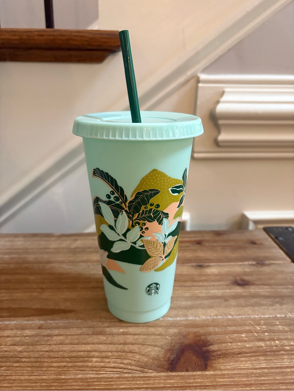 Starbucks Mint Green Floral Reusable Tumbler with Dark Green Straw